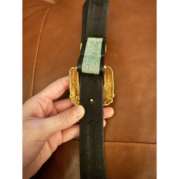 VTG Carlisle Teal Good Brass Buckle Art Deco Leather Belt S